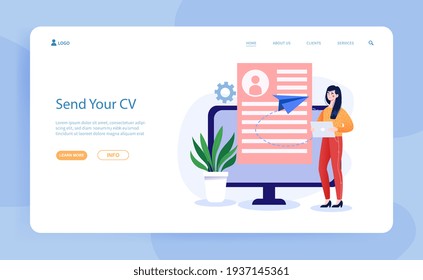 Female character is sending her CV document on computer. Concept of employment service, recruitment agency. Resume writing. Website, web page, landing page template. Flat cartoon vector illustration