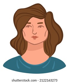 Female character with serious or emotionless facial expression on photograph or avatar for social media. Isolated woman, young lady posing. Modeling brunette in modern clothes. Vector in flat