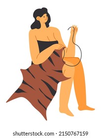 Female character sewing clothes, isolated prehistoric personage with furry coat or leather and thread. Ancient handmade clothing for neanderthal tribe. Girl manual work. Vector in flat style