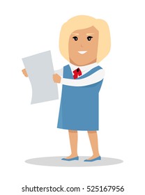 Female character with sheet of paper vector. Flat style design. Blonde smiling woman in blue strict dress standing and holding sheet of clear white paper. Ad, job offer, paper work concept. Secretary.