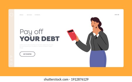 Female Character Shocked with Price on Calculator Dial Landing Page Template. Upset Businesswoman with Unhappy Face Dissatisfied with Service Cost, Loan Percents. Cartoon People Vector Illustration