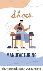 Female character shoemaker cuts fabric or leather with scissors to create new shoes in handcrafted shoe shop in flat vector illustration isolated on white background. Handmade shoe making process