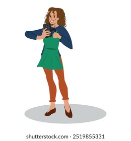 Female Character Shoot herself in Dress in Store to get Personal Fashion Stylist Advice while Choose Stylish Clothes. Woman Chatting with Consultant Online via Smartphone. Cartoon Vector Illustration.