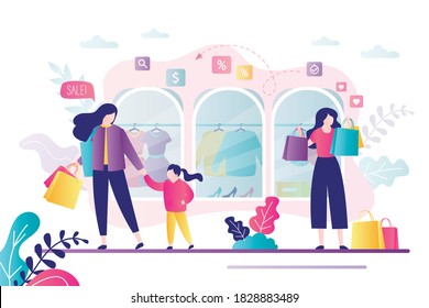 Female character with lot of shopping bags. Shop window with different clothes. Mother and daughter is shopping. Concept of sale and business. Banner in trendy style. Flat vector illustration