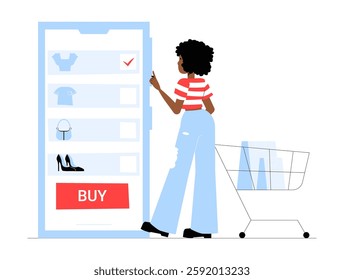Female Character Shopping Online In Flat Vector Illustration Symbolizing E Commerce, Digital Fashion Retail, And Modern Shopping Experience, Isolated On White Background