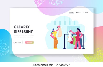 Female Character Shopping Website Landing Page. Young Woman Choosing Fashioned Dress in Store, Sales Woman Assistant Offer Garment of New Collection Web Page Banner. Cartoon Flat Vector Illustration