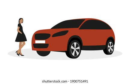 
Female character in a short black dress stands near a modern car on a white background