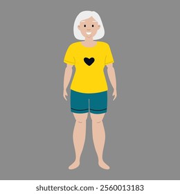 Female character with short white hair wearing a yellow shirt and teal shorts