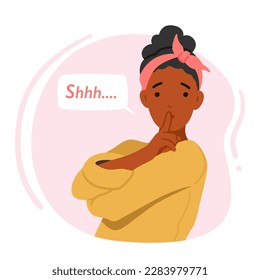 Female Character Showcasing The Gesture Of Silence With A Finger Pressed Against her Mouth, Evoking The Idea Of Silence Or Stillness, Confidentiality, Or Privacy. Cartoon People Vector Illustration