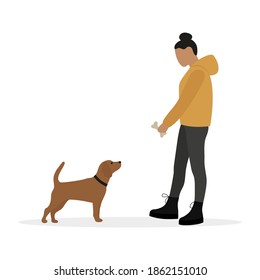 Female character showing dog a bone on a white background