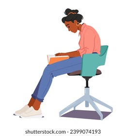 Female Character Showing Improper Reading Pose. Black Woman Reader Slouched In A Chair, Book Held Upside Down, Concept of Wrong Position to Read. Cartoon People Vector Illustration