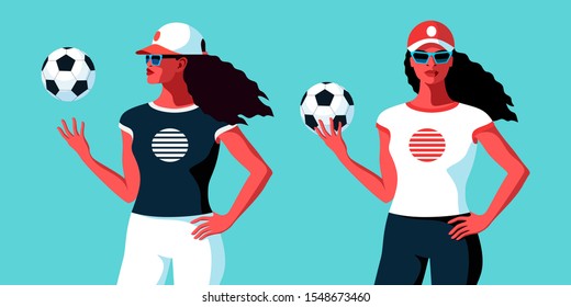 Female character, side and front views. African girl holding soccer ball, wearing sportswear, baseball cap and sunglasses. Fitness coach, instructor or football fan. Vector illustration