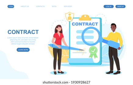 Female character signing contract on clipboard. Concept of contract signature, business deal agreement and finance document. Website, web page, landing page template. Flat cartoon vector illustration