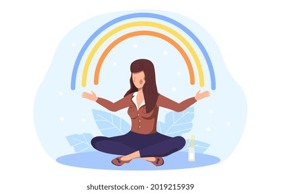 Female character sit in lotus pose and open arms to rainbow, body positive and health care lifestyle. Flat abstract metaphor cartoon vector illustration concept design isolated on white background.