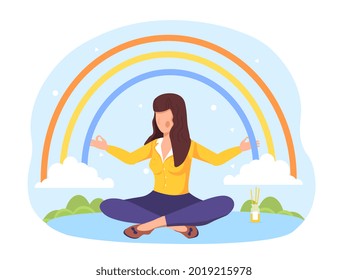 Female character sit in lotus pose, open arms to rainbow, aroma candles, body positive and health care lifestyle. Flat abstract metaphor vector cartoon concept design isolated on white background.