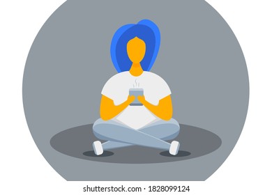 Female character siting in Lotus position with cup. Young casual woman. Intelligent person. Business design. Vector illustration design for your project and business. 