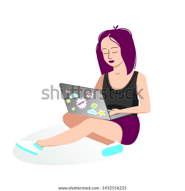 Female Character Sits Laptop Cute Girl Stock Vector Royalty Free