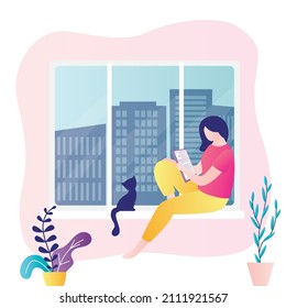 Female character sits on windowsill and reads e-book. Lonely girl doing favorite hobby. Cute woman relaxes doing favorite thing. Introvert reading interesting book at home. Flat vector illustration