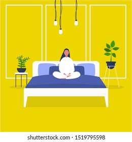 Female character sitting in bed. Bedroom front view. Early bird. Flat editable vector illustration, clip art. Millennial lifestyle.