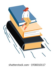 Female character sitting books, education and hobby of woman. Student preparing for examination in university or school. Reading publications for fun and hobbies. Reader vector in flat style