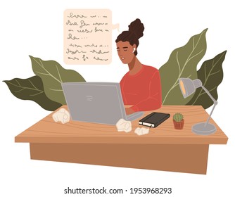 Female character sitting by computer with papers and lamp. Copywriter or freelancer doing proofreading of text. Editing lady brainstorming and creating content for web sites. Vector in flat style