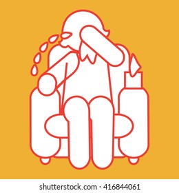 Female character sitting in a chair crying into a tissue a stream of tears running off beside her