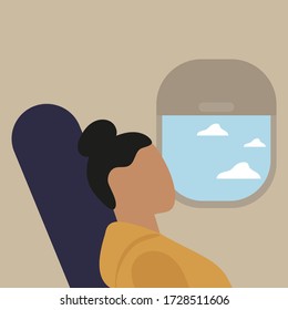 Female character sitting in a chair in the salon of an airplane