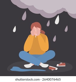 Female character sitting and crying. Depression concept. Young sad and tired woman with a rain cloud above her head. Mental health, psychological problems, abuse. flat vector illustration 