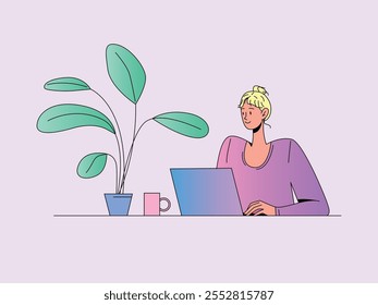 Female Character sitting at Desk with Laptop and Coffee Cup. Potted Plant as Decor. Casual Clothing, Relaxed Expression. Minimalistic Style, Soft Pastel Colors. Flat Vector Illustration, Isolated.