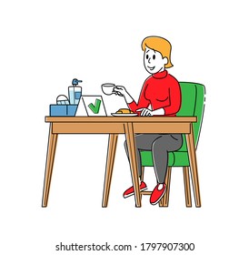 Female Character Sitting at Disinfected Cafe Table Drinking Coffee with Mask and Sanitizer Bottle Disinfectant or Antibacterial Liquid. Coronavirus Infection Prevention. Linear Vector Illustration