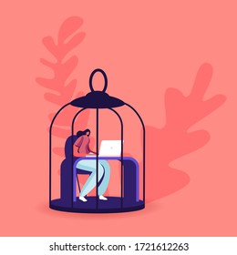 Female Character Sitting in Hanging Metal Birds Cage Working on Laptop Dream to Escape during Covid19 Pandemic Quarantine Self Isolation. Stay Home Save Lives Concept. Cartoon Vector Illustration