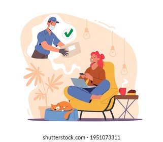 Female Character Sitting at Home with Laptop Order Parcel or Food Delivery using Internet Resource. Safe Shipping Service during Coronavirus Pandemic Quarantine. Cartoon People Vector Illustration