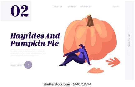 Female Character Sitting at Huge Pumpkin Spend Time Outdoors, Autumn Season Crop, Fall Outdoor Activity and Working, Harvest Website Landing Page, Web Page. Cartoon Flat Vector Illustration, Banner