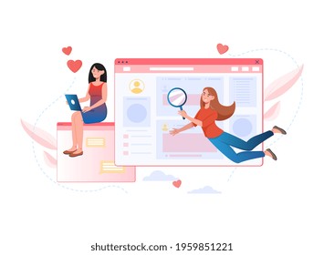 Female character is sitting with laptop and chatting with people on dating website. Online dating and virtual relationships. Website, web page, landing page template. Flat cartoon vector illustration