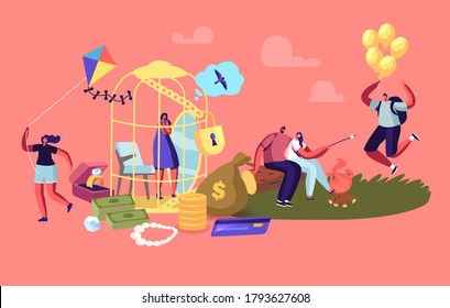 Female Character Sitting In Luxury Golden Cage Dreaming Of Simple Human Things. Woman Dream To Escape From Gold Cell. Girl With Man Romantic Dating, Kite, Balloons. Cartoon People Vector Illustration