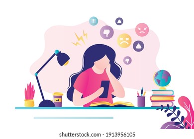 Female character sitting with mobile phone at workplace. Bullying and humiliation on social media. Girl gets negative comments on Internet. Cyber bullying concept. Trendy flat vector illustration