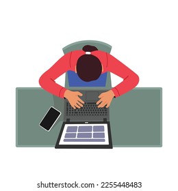 Female Character Sitting At Office Desk With Laptop And Smartphone Top View. Businesswoman Sitting At Table Working on Notebook at Company Workplace. Cartoon People Vector Illustration