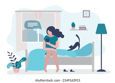 Female character sitting on bed with mobile phone. Woman woke up and immediately checks social networks. Bedroom interior. Girl after waking up with smartphone. New day, morning. Vector illustration