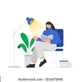 Female character is sitting on a chair and reading a book, near a lamp, potted flower and a large stack of books. Trendy flat vector illustration on white background.