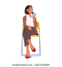 Female Character Sitting On Chair with Smartphone in Hands Isolated On White Background. Business, Technology And learning Concept with Woman and Mobile Phone. Cartoon People Vector Illustration