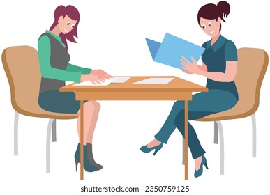 Female character sitting on chair at office meeting holding paper folder, study information in document, women reading textbook. Students at lecture, conference secretary, managers prepare report