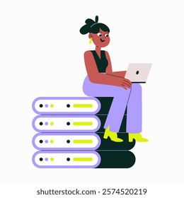 Female Character Sitting On Data Servers In Flat Vector Illustration Symbolizing Technology, Data Storage, And Digital Work, Isolated On White Background.