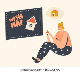Female Character Sitting on Floor Cutting or Painting Own Home for Wish Map Creation and Dream Come True. Feng Shui Visualization Ritual, Handmade Hobby, Success, Illusion. Linear Vector Illustration
