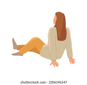 Female character sitting on floor, looking in distance. Woman watching starry sky, discovering stars and planets. Back view, vector in flat cartoon style