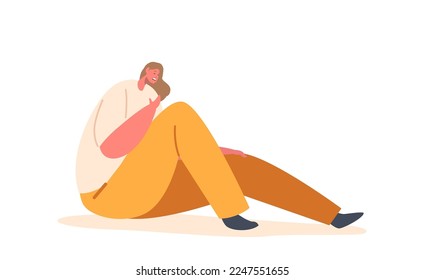 Female Character Sitting on Ground Feel Pain in Chest Isolated on White Background.Woman with Heart Attack, Emergency Situation, Cardiac Disease Ache Concept. Cartoon People Vector Illustration