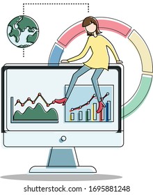 Female character sitting on a huge desktop monitor which showing business charts vector concept, isolated in white background