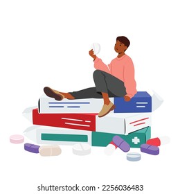 Female Character Sitting On Huge Pile of Medication Packages. Health Care Concept, Illness Or Disorder Cure. Woman Sit On Heap of Medicine Pills, Boxes and Drugs. Cartoon People Vector Illustration