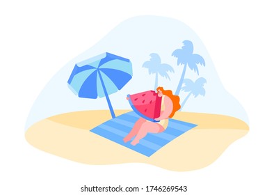 Female Character Sitting on Mat at Sandy Beach under Umbrella Eating Watermelon with Palm Trees around. Summertime Resort Vacation, Summer Leisure, Outdoor Activity. Cartoon Vector Illustration