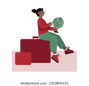 Female character is sitting on packed suitcases. Woman holds globe in her hands. Traveler thinks about her way. Planning trip abroad. Have nice vacation trip