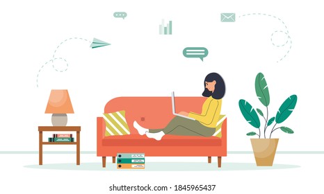 Female character sitting on the sofa with a laptop. Distance learning concept. Home Office. The woman works from home or freelance. Freelancer lifestyle. Vector illustration on white background.